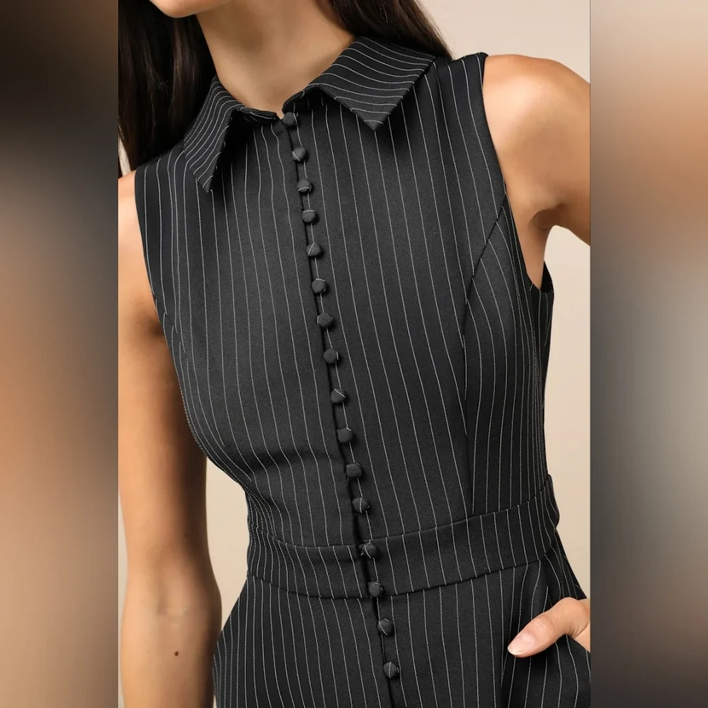 Lulus Totally Poised Black Pinstriped Collared Mini Dress With Pockets - Picture 4 of 7